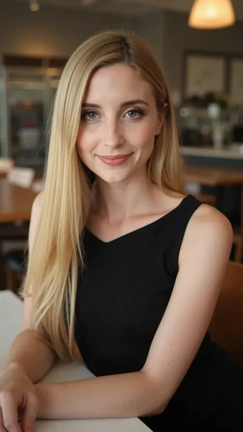 This is a beautiful  closeup photograph of a woman, she has long straight blonde hair and dark blue eyes.  Wearing a form fitting  boatneck dress,  Sitting in a cafe. Flirting at the viewer. Smile, Captured with a Sony A7R IV camera and a 50mm f/1.2 G Mast...