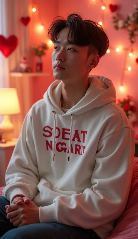 A 30 year old 3D adult Korean man wearing a white hoodie with the words "SOBAT NGARIT" on his chest is sitting in a room with a romantic atmosphere, decorated with beautiful hearts and flowers and accessories.
with lights that add to the atmosphere, it loo...