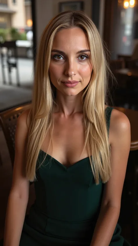 This is a beautiful  full face closeup photograph of a woman, she has long straight blonde hair and dark blue eyes.  Wearing a form fitting  boatneck dress,  Sitting in a cafe. Flirting at the viewer. Smile, Captured with a Sony A7R IV camera and a 50mm f/...