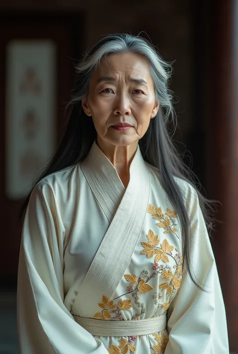 A 70-year-old woman with long dark hair with white highlights wears an old white Chinese antique dress as the film sets.