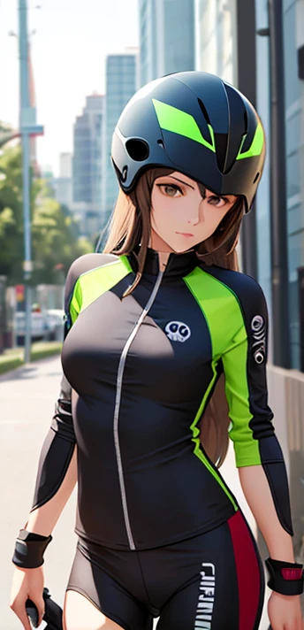 woman, skull helmet, long hair brown, normal, she is solo, from alternative world ,best quality, realistic, cycling green black color suit and cycling sports shorts