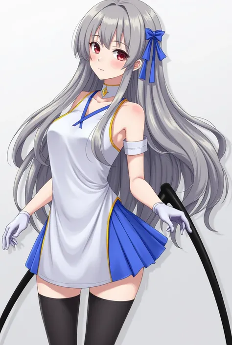 (( best quality )), (( masterpiece)), (( 1girl)), One, Transport, (( long hair)), TransportBase, (( stockings)),  bare shoulders , (( jewelry)), ((sleeveless)), White dress, blue skirt, ((gloves)), thighs high,  behind, with a black stalker.