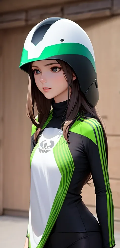 woman, skull helmet, long hair brown, normal, she is solo, from alternative world ,best quality, realistic, cycling green black color suit and cycling sports shorts