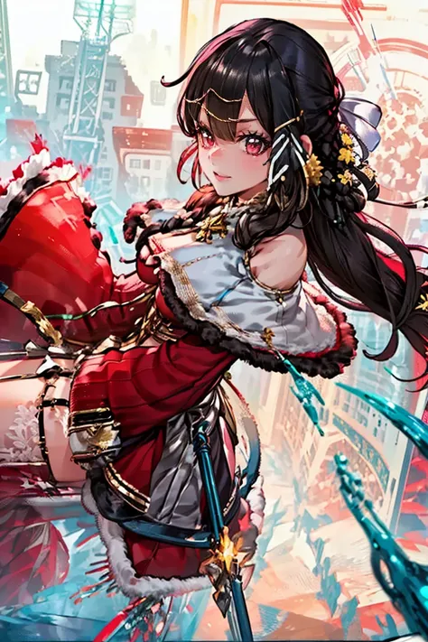 (masterpiece, best quality:1.2), 1girl, solo, ((((((front face, front view, front angle shot, from front)))))), black hair, red eyes, long hair, braids, ((((((red clothes, cpct, red and closed caplet, red fur coat, winter's outer, red skirt, red knee high ...