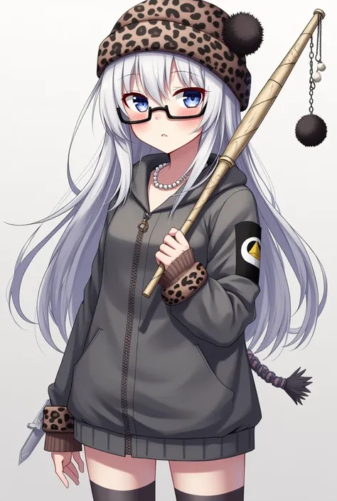  Make an anime girl with long white hair a little wavy,  white skin ,  rectangular black glasses , Some bruised scratches on the face, with pearl necklace , with a leopard-style black Ushanka hat. With an outfit I hope it fits gray half leopard style too, ...