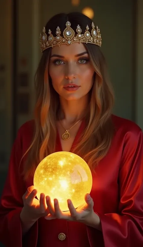  ."A cinematic photo of an 40 years old woman holding a golden shainy and magical crystal ball. She is wearing a beautiful, handmade red outfit and a shiny crown partially on her hair. She is looking directly into the camera and is standing near to it. 