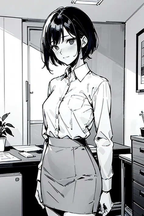 Line drawing, manga style, black and white, monochrome, clean smooth lines, masterpiece, one woman, white long sleeve business shirt, tight skirt, short hair, ((business shirt)), black hair, apartment interior, looking at camera with embarrassed expression...