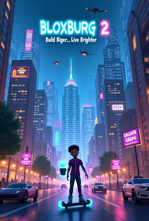 Futuristic Skyline: Towering skyscrapers dominate the skyline, their windows glowing with vibrant neon colors—blues, purples, and oranges. Holographic billboards project advertisements into the sky, including a café ad, a real estate hologram, and a glowin...