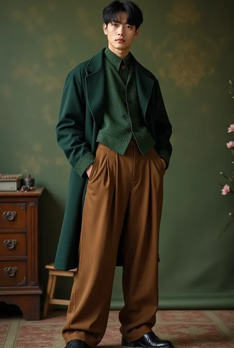 vintage victoria era mix skena outfit. men. baggy pants. brown. modern. korean man. dark green. yearbook outfit 