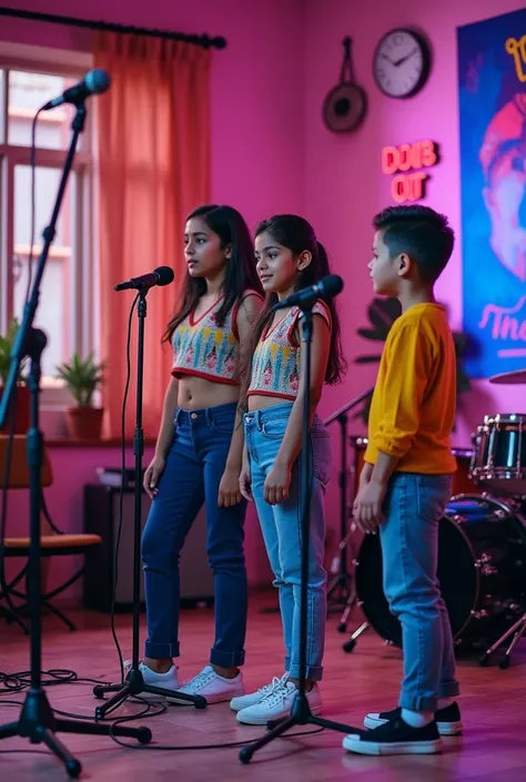 "A vibrant, modern pop music class in an Indian music school, with a strong Indian pop style influence. In the foreground, a 14-year-old girl and boy stand confidently in front of high-quality microphones, ready to perform. The girl is wearing a trendy, co...