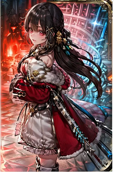 (masterpiece, best quality:1.2), 1girl, solo, ((((((front face, front view, front angle shot, from front)))))), black hair, red eyes, long hair, braids, ((((((red clothes, cpct, red and closed caplet, red fur coat, winter's outer, red skirt, red knee high ...