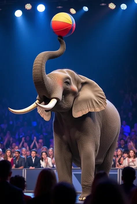 A massive elephant is performing an incredible act on the stage of America’s Talent. The majestic creature skillfully balances and plays with a large colorful ball, captivating the audience with its precision and grace. The crowd is mesmerized, clapping an...