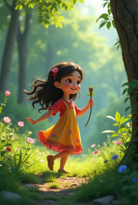 ۔
A young girl named Zoya playing happily near the edge of a dense, green forest, wearing a colorful dress and holding a small stick.