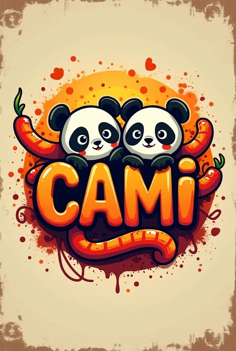 Create a logo with the name “CAMI” ,  and drawings of panditas and Enchiloso worms with chamoy and chilito powder