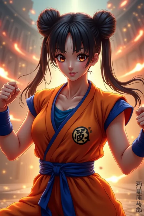 Create a hyper-realistic image of a Thai woman bigboob cosplaying as Chun-Li from Street Fighter, but wearing Goku's outfit from Dragon Ball. She has Chun-Li's signature hairstyle with twin buns, but the clothing is Goku's iconic orange gi with a blue unde...