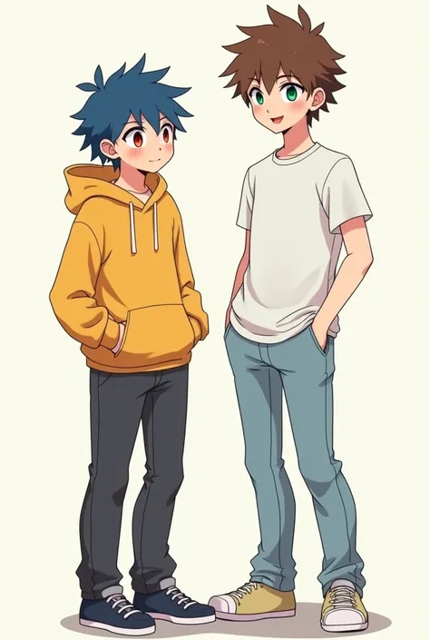 a 14-year old boy with blue-dyed messy hair,bright red eyes,wearing a yellow hoodie opened in the front,and dark grey pants. He's 5'11 and very cute. He has a crazed,but cute mean smirk. Anime Style. Midriff. Beside him,a A 15-year old boy with brown messy...