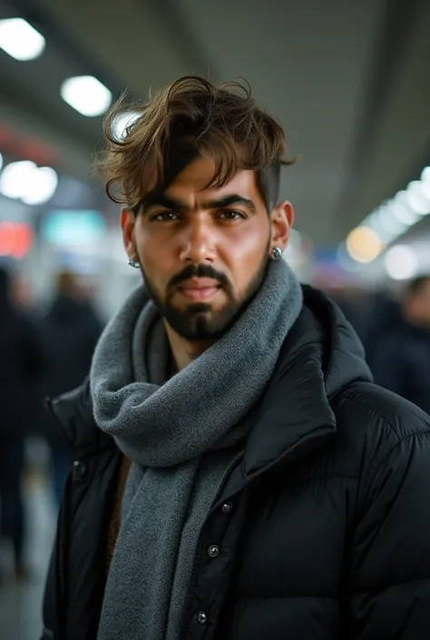 best quality, ultra photorealistic, photorealism, 8k, photograph, photo of a young man, jacket, ear studs, gray scarf, sweater, short windswept light brown hair, fit, beautiful, (effeminate), (shaved), eyeliner, standing in a train station, background is a...