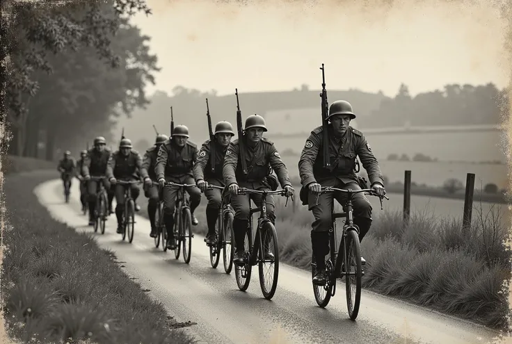 Créer une photo d'une patrouille d'une dizaine de soldats allemands durant la seconde guerre mondiale, ils portent leur tenues de combat traditionnelle, des fusils en bandoulière, ils patrouillent en double file à vélo sur une route de campagne. La photo d...