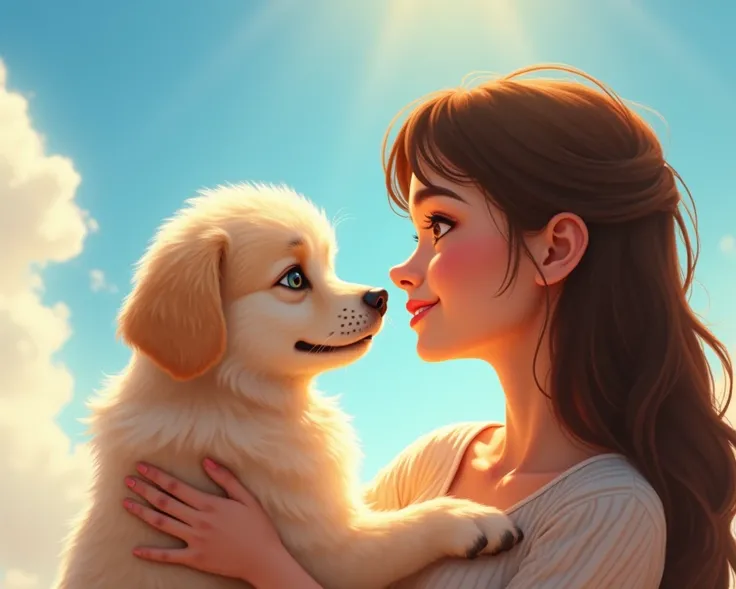  A close-up of Bella holding Coco, both looking at each other with affection under a sunny sky.
