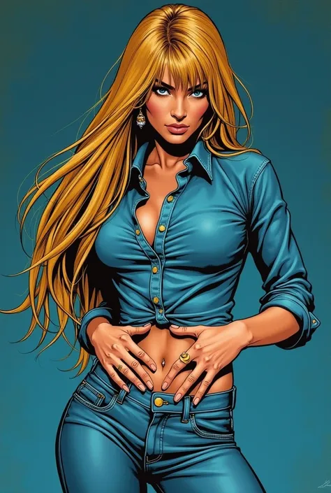 vintage masterpiece,70s comics aesthetics, tight shirt, straight long hair, desperately touches her crotch:1.3, unbuttoned jeans,sexual tension,retro atmosphere, deep blue, 