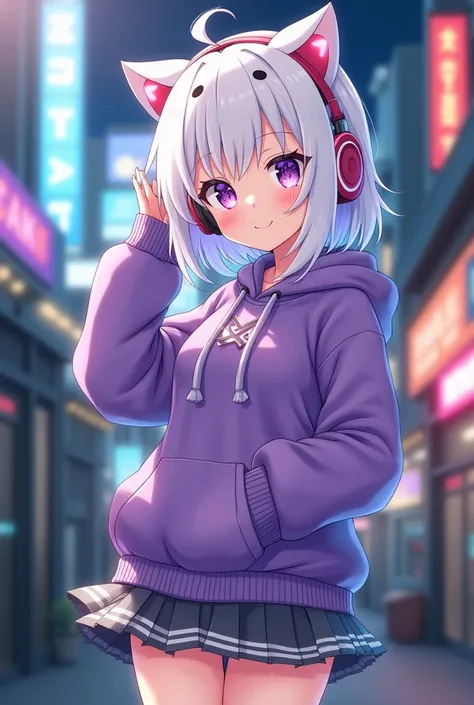 Create me an anime anime girl from the Tokyo Avengers with white hair and purple eyes. She wears a mini skirt and a purple sweatshirt with cat ears and she listens to music