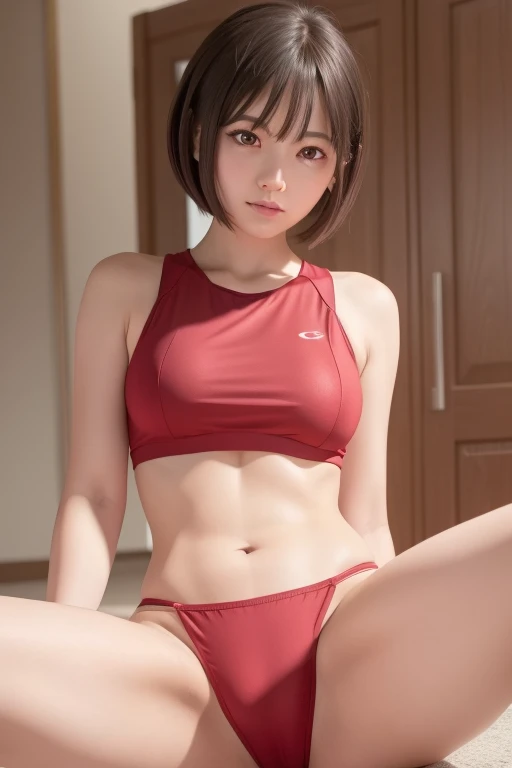 ((M leg))Nishiki Shiho , Xicheng Qianli,  short hair while on a business trip, bangs, Blonde, ( red eyes:1.5),  hair bow, One side up,  Bob Cut,
break navel,  shoulder out,  thighs, Stomach,  Crop Top , Bloomers,  sportswear,  zipper pull tab , red Bloomer...