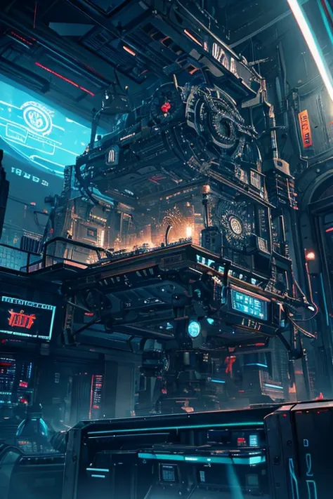 a large sewing machine,intricate detailed mechanical sewing machine,futuristic industrial machinery,glowing neon lights,metallic glistening parts,complex clockwork mechanisms,cinematic dramatic lighting,moody atmospheric environment,intricate gears and cog...