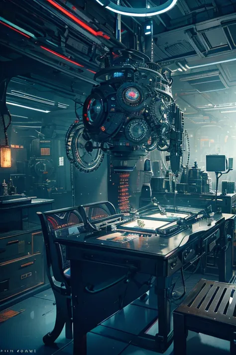 a large sewing machine,intricate detailed mechanical sewing machine,futuristic industrial machinery,glowing neon lights,metallic glistening parts,complex clockwork mechanisms,cinematic dramatic lighting,moody atmospheric environment,intricate gears and cog...