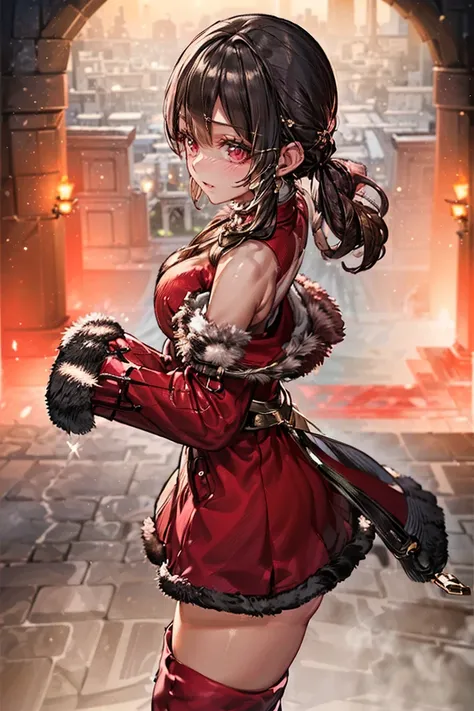 (masterpiece, best quality:1.2), 1girl, solo, hyper detailed beautiful face and eyes, perfect face and perfect eyes, fearless face, ((((((front face, front view, front angle shot, from front)))))), black hair, red eyes, long hair, braids, ((((((red clothes...