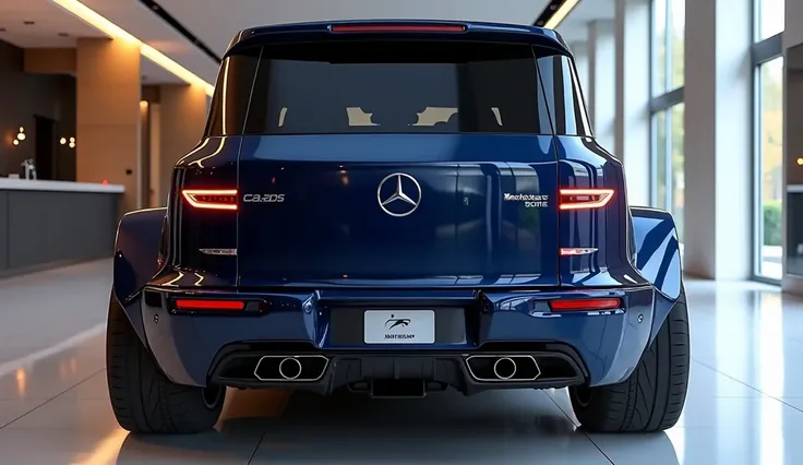 Create a 3d render ( back bumper   view  " Mercedes Benz g class :  “(black) colour with a “(Mercedes) ” logo on straight back. “g class   on its back end look. and taillights“in pure glossy white with ultra detailed glossy shining image captured from  (  ...