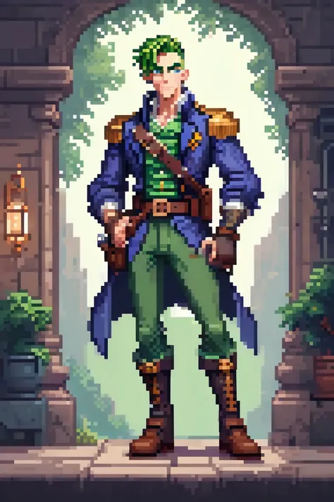 Create a upper-body character portrait in SNES-style pixel art of Fenton, a charismatic and rebellious pirate. Depict him as a well-educated young man from a wealthy background, with a mix of refined elegance and roguish charm. His slicked-back olive green...