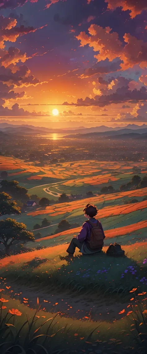 boy sitting on a field of grass, watching a hellish sunset,scattered clouds, orange purple ting,sun, anime wallpaper 4k, amazing miyazaki, thomas kinkade matte 4k, Aries Moross art. HD 8K