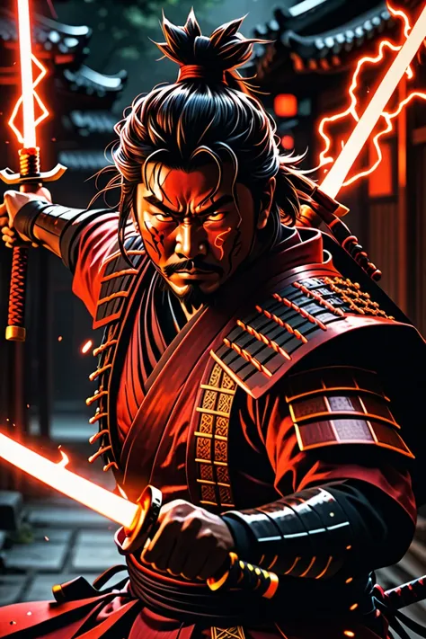 glowneon, glowing samurai emitting sparks and electricity, dark red and orange, glowing eyes, cinematic film still 