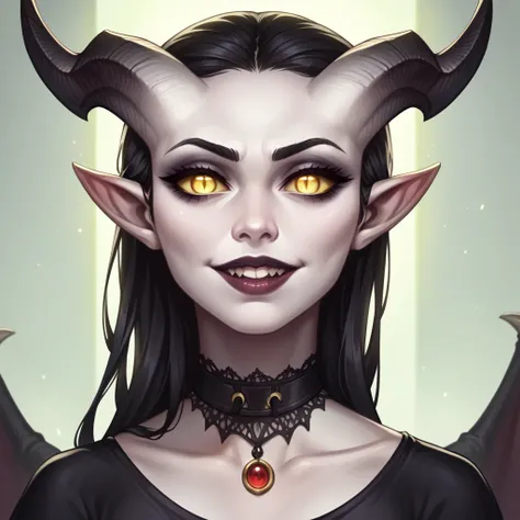 A tiefling, portrait, white skin, pale shiny sclera ,  dragon wings,  seductive look , sinister smile, teeth ,head, gothic black dress,  shiny accents ,  glowing yellow eyes , diablo , big thick black horns,  collar, gothic gothic bard ,  black and red det...