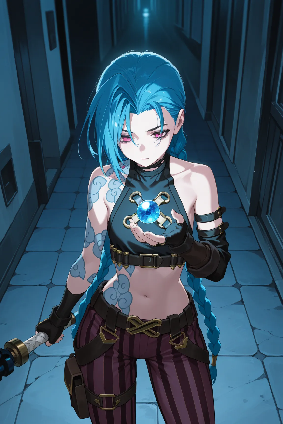 masterpiece, best quality, amazing quality, very aesthetic, high resolution, newest, hyper-detailed, anime, 1girl, jinx from Arcane, standing, holding a blue round gemstone 