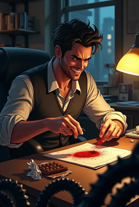 Eddie's Revenge (Chocolate Trap)

Eddie sits at his desk in a cluttered, urban-style apartment, smirking slyly while sprinkling red chili powder onto a piece of chocolate. A half-open chocolate wrapper lies on the table. Venom’s black tendrils can be seen ...