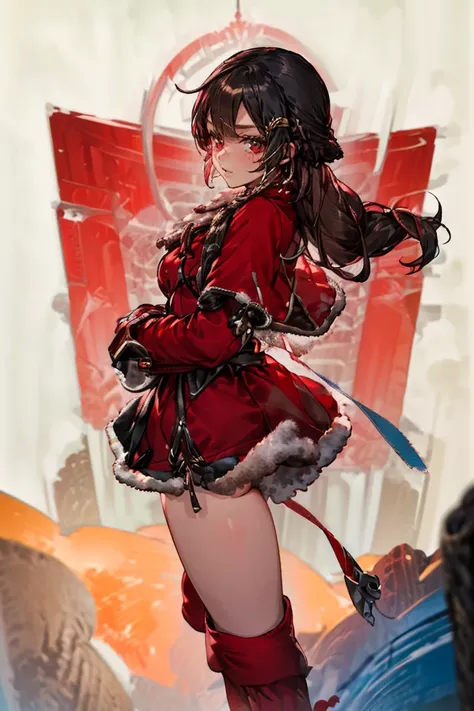 (masterpiece, best quality:1.2), 1girl, solo, hyper detailed beautiful face and eyes, perfect face and perfect eyes, fearless face, ((((((front face, front view, front angle shot, from front)))))), black hair, red eyes, long hair, braids, ((((((red clothes...