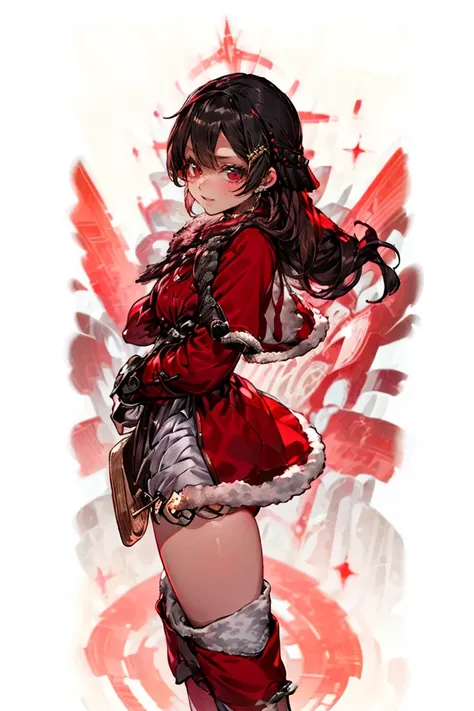 (masterpiece, best quality:1.2), 1girl, solo, hyper detailed beautiful face and eyes, perfect face and perfect eyes, fearless face, ((((((front face, front view, front angle shot, from front)))))), black hair, red eyes, long hair, braids, ((((((red clothes...