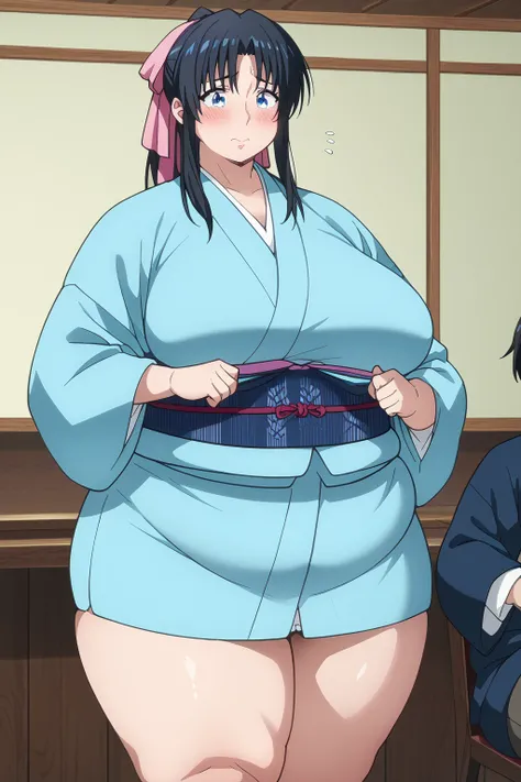 Kaoru Kamiya, Kaoru Kamiya,  long hair、 pink barrette ribbon、bangs、blue eyes、 thighs、Black Hair、 light blue kimono 、Navy blue Kimono obi ,  kimono,,gigantic breasts,enormous breasts,Sloppy belly fat,Japanese-style room, troubled expression, embarrassed exp...