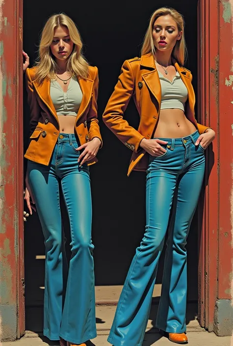 vintage masterpiece,70s comics aesthetics, vintage fashion, desperately touches her crotch:1.3, flared jeans,sexual tension,retro atmosphere, deep blue, straight hair, heels