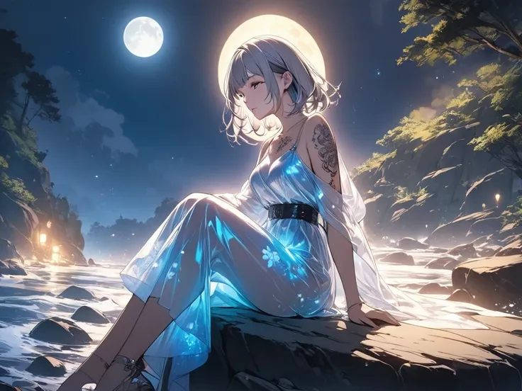     A beautiful and delicate woman is sitting on a rock illuminated by moonlight、 Silver Hair、 medium hair with visible tattoos、 beautiful, Complex illustrations,  artwork concept artwork masterpiece,  best quality ,  very detailed,  high resolution