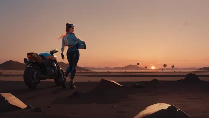 ((Beautiful Female Biker Standing with her Bike)), ((Desert Mirage scene in Sunset))