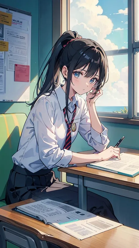 “In a bright classroom filled with the hum of chatter, Takuya sits at his desk, resting his chin on his hand. Reina, her black ponytail tied neatly, leans over from the desk beside him, holding up her notebook. ‘Did you even do the math homework?’ she asks...