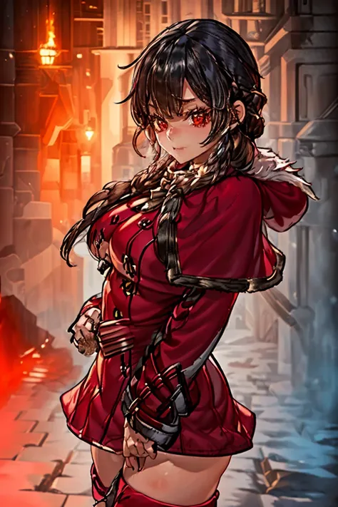 (masterpiece, best quality:1.2), 1girl, solo, hyper detailed beautiful face and eyes, perfect face and perfect eyes, fearless face, ((((((front face, front view, front angle shot, from front)))))), black hair, red eyes, long hair, braids, ((((((red clothes...