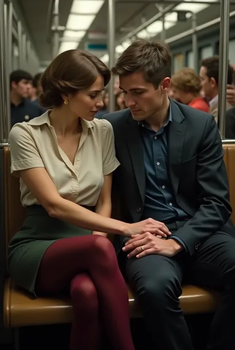 Mature woman sitting on the meter , with skirt, maroon tights,  blouse and short hair concealingly holds the hand of a young man who is sitting next to the one she wants