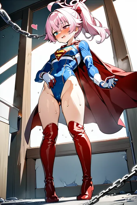 ( full body), (Masterpiece:1.2), (Highest_quality:1.2), ( narrower _  Details:1.3), 8k,  low angle，from below，  1 girl，Alone，大きなButtの女の子,  red over the knee long boots ，Wears a spacesuit with a cape ，(  supergirl),  blue leotard ， red mini skirt ， red cloa...