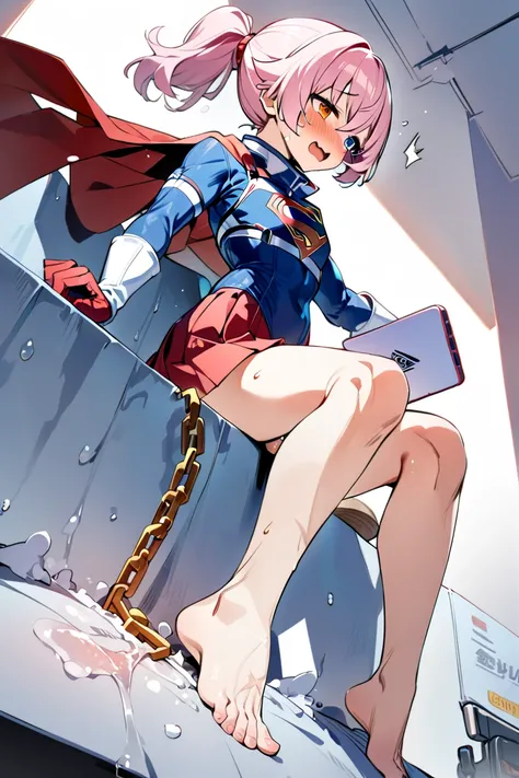 ( full body), (Masterpiece:1.2), (Highest_quality:1.2), ( narrower _  Details:1.3), 8k,  low angle，from below，  1 girl，Alone，大きなButtの女の子,  red over the knee long boots ，Wears a spacesuit with a cape ，(  supergirl),  blue leotard ， red mini skirt ， red cloa...