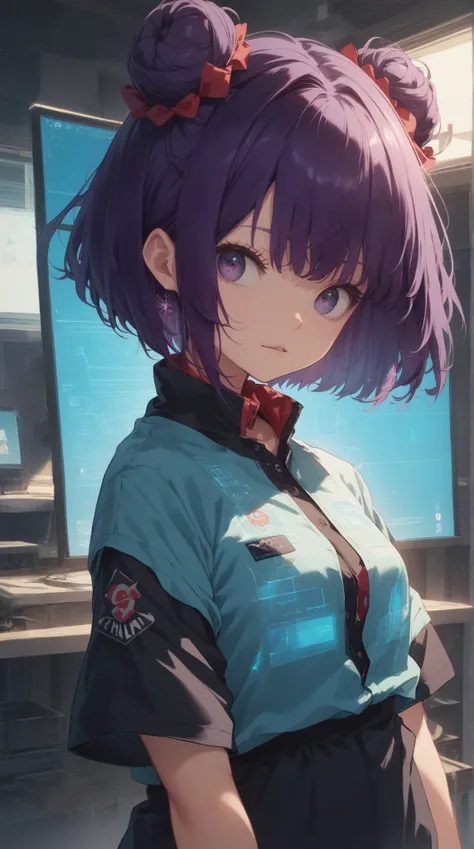 A mysterious anime girl with short bob cut dark violet hair cascading down her back, with two small buns on either side of the head. dressed in a sleek black buttoned shirt with subtle red piping and a high-tech collar that glows faintly. . She stands calm...