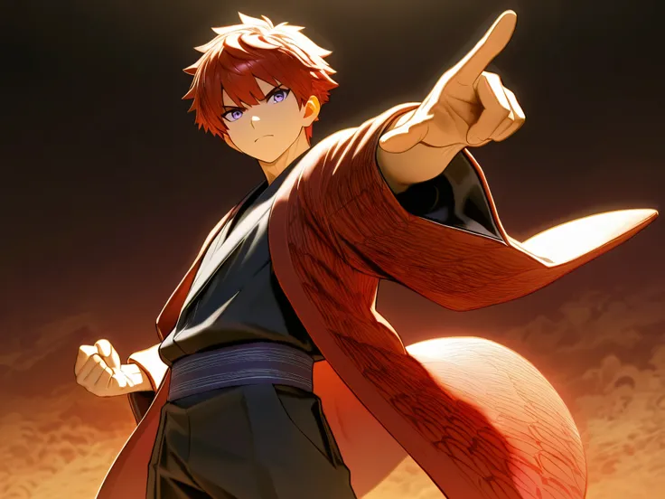 (Rulax: (solo, Man:1.2),red hair,  purple eyes, red yukata, black shirt, oversized black pants),serious pose, outstretched arm pointing finger , cowboy shot, three-quarter view, (Highly detailed, Absurdres, Anatomically correct, Best quality)