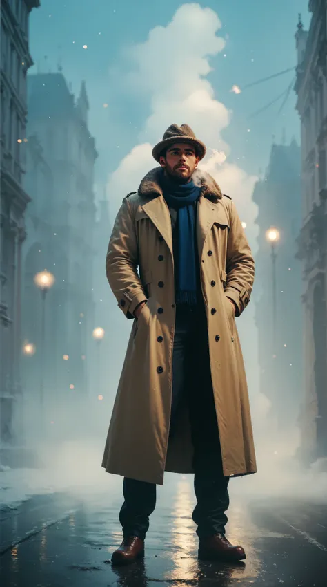 score_9, score_8_up, score_7_up, score_6_up, masterpiece, best quality, man, solo, full body, trench coat, scarf trailing in the air, ushanka hat, fur hat, looking down, cold breath, night, dim, simple background,